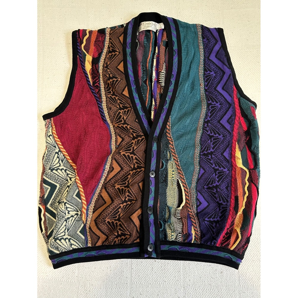 St. Croix Knits Vintage 3D Texture Multi-Color Coogi style  Vest Mens L USA